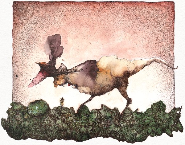Hortaliraptor - Bestiario Ilustrado. Dibujo a pluma, tinta y acuarela