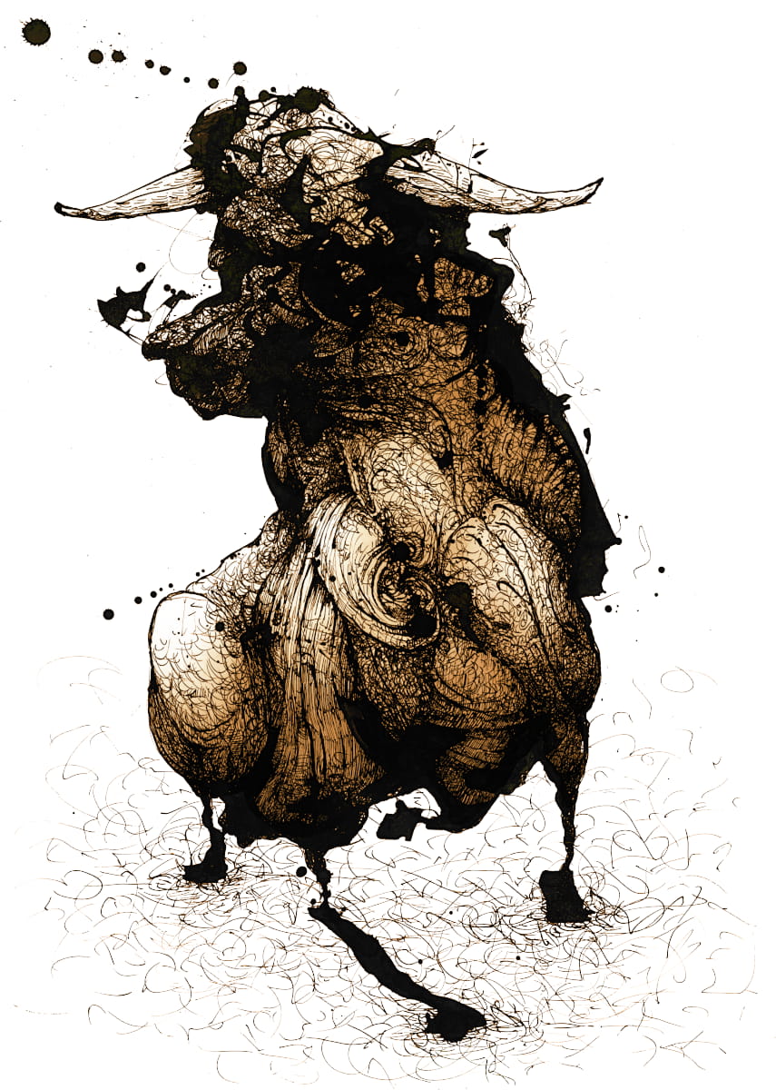 Dibujo a tinta china: El toro y su tara